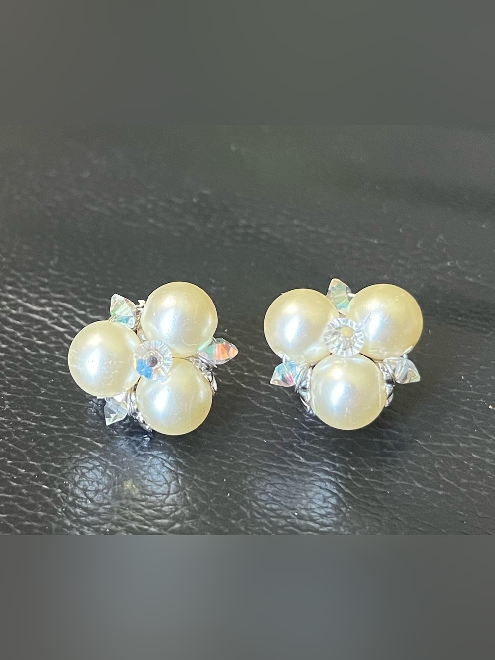Vintage Sherman Pearl Cluster Clip on Earrings with Aurora Crystal Accents